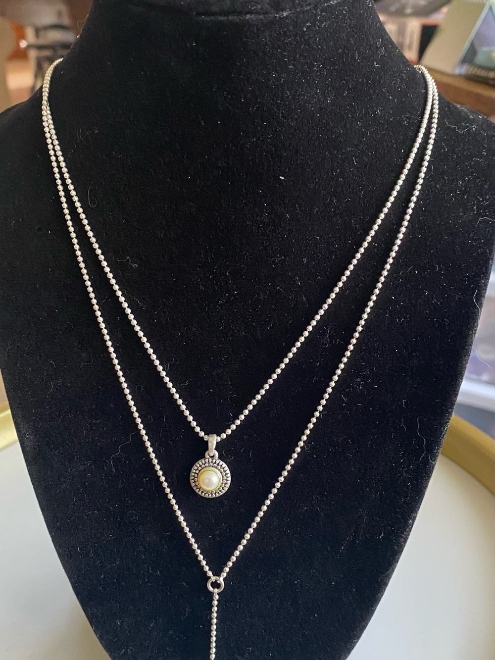 Lucky Brand Silver-Tone Layered Ball Chain Necklace with Pearl Accent